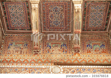 Colourful paintings on the inner wall of 1100 Khidkiyon Ki Haveli, located in Churu, Shekhawati, Rajasthan, India 103878818
