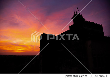 Colourful sunset at Mahansar Castle, built around 1768 A.D. In 2003 this castle converted into a heritage hotel called Narayan Niwas Castle Fort Heritage Hotel Mahansar, Shekhawati, Rajasthan, India 103878821