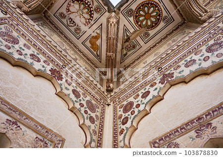 Colourful paintings on the inner wall of Shri Raghunath Ji Ka Bada Mandir located in Mahansar, Shekhawati, Rajasthan, India 103878830