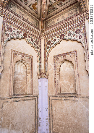 Colourful paintings on the inner wall of Shri Raghunath Ji Ka Bada Mandir, located in Mahansar, Shekhawati, Rajasthan, India Colourful paintings on the inner wall of Shri Raghunath Ji Ka Bada Mandir, located in Mahansar, Shekhawati, Rajasthan, India 103878832
