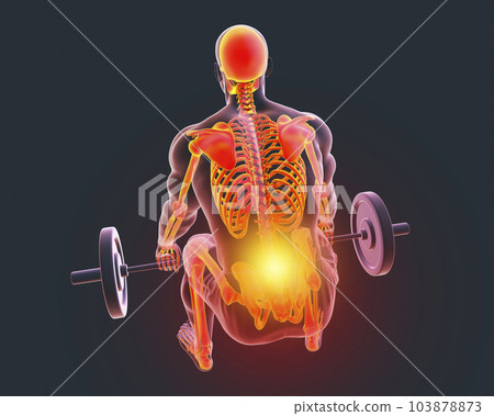A man experiencing back pain while lifting a barbell, 3d illustration A man experiencing back pain while lifting a barbell, 3d illustration 103878873