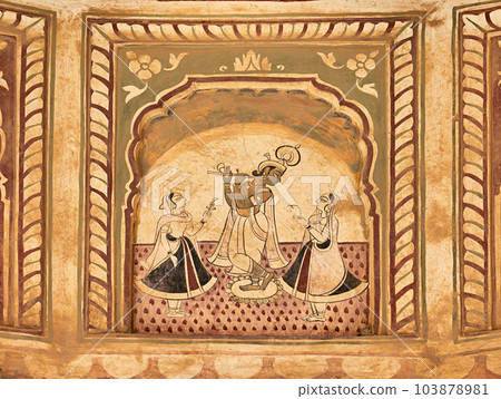 Colourful mythological paintings on the ceiling of an old chhatri (cenotaph), Seth Anantram Podar and family ki smarak rupi chhatri, located in Ramgarh, Shekhawati, Rajasthan, India Colourful mythological paintings on the ceiling of an old chhatri (cenotaph), Seth Anantram Podar and family ki smarak rupi chhatri, located in Ramgarh, Shekhawati, Rajasthan, India 103878981
