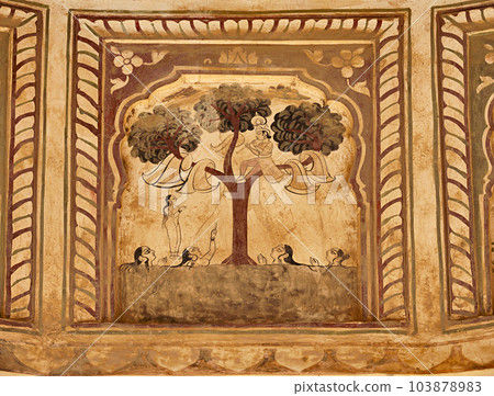 Colourful mythological paintings on the ceiling of an old chhatri (cenotaph), Seth Anantram Podar and family ki smarak rupi chhatri, located in Ramgarh, Shekhawati, Rajasthan, India 103878983