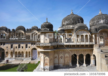 Exteriors of an old chhatri (cenotaph), Seth Anantram Podar and family ki smarak rupi chhatri, located in Ramgarh, Shekhawati, Rajasthan, India 103878996