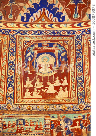 Colourful mythological paintings on the ceiling dome of Seth Ram Gopal Poddar Chhatri. 500 murals depicting lives of Lord Ram and Lord Krishna, built 150 years ago, located in Ramgarh, Shekhawati, 103879078