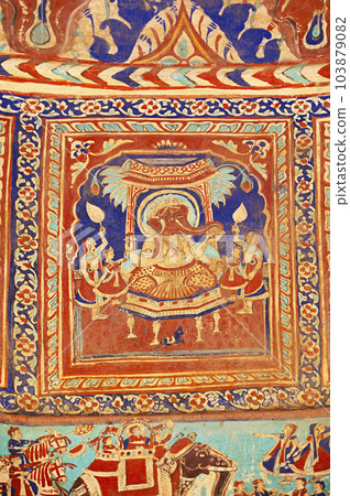 Colourful mythological paintings on the ceiling dome of Seth Ram Gopal Poddar Chhatri. 500 murals depicting lives of Lord Ram and Lord Krishna, built 150 years ago, located in Ramgarh, Shekhawati, 103879082