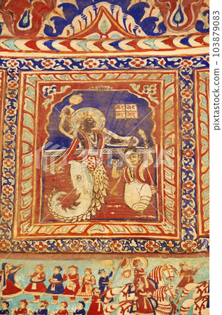 Colourful mythological paintings on the ceiling dome of Seth Ram Gopal Poddar Chhatri. 500 murals depicting lives of Lord Ram and Lord Krishna, built 150 years ago, located in Ramgarh, Shekhawati, 103879083