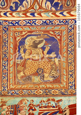 Colourful mythological paintings on the ceiling dome of Seth Ram Gopal Poddar Chhatri. 500 murals depicting lives of Lord Ram and Lord Krishna, built 150 years ago, located in Ramgarh, Shekhawati, 103879084