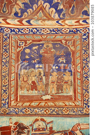 Colourful mythological paintings on the ceiling dome of Seth Ram Gopal Poddar Chhatri. 500 murals depicting lives of Lord Ram and Lord Krishna, built 150 years ago, located in Ramgarh, Shekhawati, 103879085