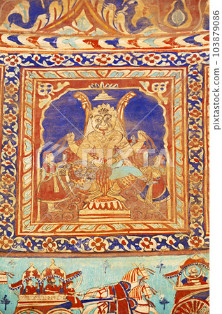 Colourful mythological paintings on the ceiling dome of Seth Ram Gopal Poddar Chhatri. 500 murals depicting lives of Lord Ram and Lord Krishna, built 150 years ago, located in Ramgarh, Shekhawati, Colourful mythological paintings on the ceiling dome of Seth Ram Gopal Poddar Chhatri. 500 murals depicting lives of Lord Ram and Lord Krishna, built 150 years ago, located in Ramgarh, Shekhawati, 103879086