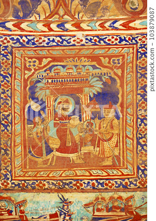 Colourful mythological paintings on the ceiling dome of Seth Ram Gopal Poddar Chhatri. 500 murals depicting lives of Lord Ram and Lord Krishna, built 150 years ago, located in Ramgarh, Shekhawati, 103879087