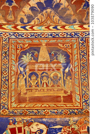 Colourful mythological paintings on the ceiling dome of Seth Ram Gopal Poddar Chhatri. 500 murals depicting lives of Lord Ram and Lord Krishna, built 150 years ago, located in Ramgarh, Shekhawati, 103879090