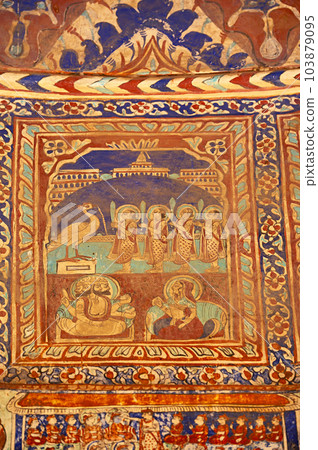 Colourful mythological paintings on the ceiling dome of Seth Ram Gopal Poddar Chhatri. 500 murals depicting lives of Lord Ram and Lord Krishna, built 150 years ago, located in Ramgarh, Shekhawati, 103879095