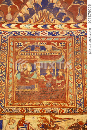 Colourful mythological paintings on the ceiling dome of Seth Ram Gopal Poddar Chhatri. 500 murals depicting lives of Lord Ram and Lord Krishna, built 150 years ago, located in Ramgarh, Shekhawati, 103879096