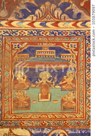 Colourful mythological paintings on the ceiling dome of Seth Ram Gopal Poddar Chhatri. 500 murals depicting lives of Lord Ram and Lord Krishna, built 150 years ago, located in Ramgarh, Shekhawati, Colourful mythological paintings on the ceiling dome of Seth Ram Gopal Poddar Chhatri. 500 murals depicting lives of Lord Ram and Lord Krishna, built 150 years ago, located in Ramgarh, Shekhawati, 103879097