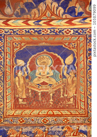 Colourful mythological paintings on the ceiling dome of Seth Ram Gopal Poddar Chhatri. 500 murals depicting lives of Lord Ram and Lord Krishna, built 150 years ago, located in Ramgarh, Shekhawati, 103879099