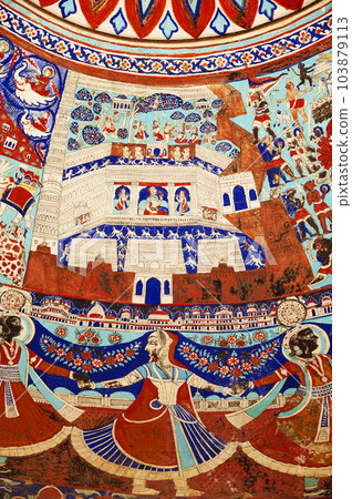 Colourful mythological paintings on the ceiling dome of Seth Ram Gopal Poddar Chhatri. 500 murals depicting lives of Lord Ram and Lord Krishna, built 150 years ago, located in Ramgarh, Shekhawati, 103879113