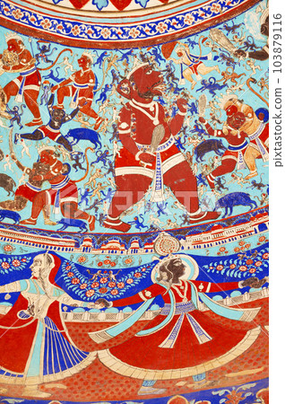 Colourful mythological paintings on the ceiling dome of Seth Ram Gopal Poddar Chhatri. 500 murals depicting lives of Lord Ram and Lord Krishna, built 150 years ago, located in Ramgarh, Shekhawati, Colourful mythological paintings on the ceiling dome of Seth Ram Gopal Poddar Chhatri. 500 murals depicting lives of Lord Ram and Lord Krishna, built 150 years ago, located in Ramgarh, Shekhawati, 103879116