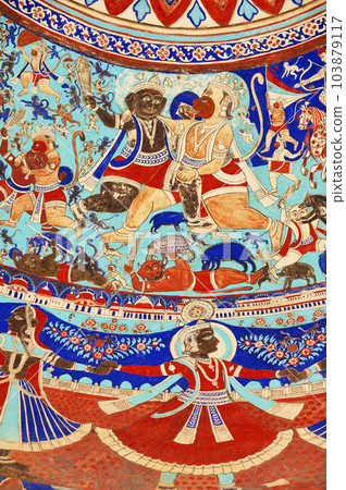 Colourful mythological paintings on the ceiling dome of Seth Ram Gopal Poddar Chhatri. 500 murals depicting lives of Lord Ram and Lord Krishna, built 150 years ago, located in Ramgarh, Shekhawati, Colourful mythological paintings on the ceiling dome of Seth Ram Gopal Poddar Chhatri. 500 murals depicting lives of Lord Ram and Lord Krishna, built 150 years ago, located in Ramgarh, Shekhawati, 103879117