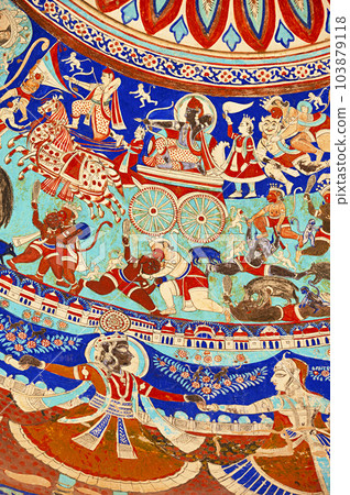 Colourful mythological paintings on the ceiling dome of Seth Ram Gopal Poddar Chhatri. 500 murals depicting lives of Lord Ram and Lord Krishna, built 150 years ago, located in Ramgarh, Shekhawati, Colourful mythological paintings on the ceiling dome of Seth Ram Gopal Poddar Chhatri. 500 murals depicting lives of Lord Ram and Lord Krishna, built 150 years ago, located in Ramgarh, Shekhawati, 103879118
