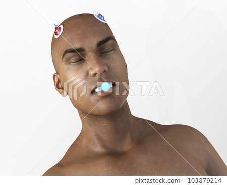 A man with brain electrodes and bite block in preparation for Electroconvulsive therapy, ECT, 3D illustration A man with brain electrodes and bite block in preparation for Electroconvulsive therapy, ECT, 3D illustration 103879214