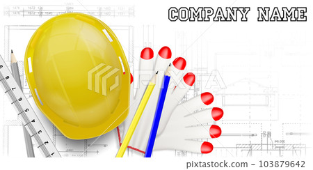Top view yellow helmet hat on blank plan and calculator for engineering contractor and construction graphic flat design background vector illustration Top view yellow helmet hat on blank plan and calculator for engineering contractor and construction graphic flat design background vector illustration 103879642