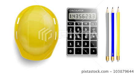 Realistic yellow safety helmet with calculator and pencils on white background Realistic yellow safety helmet with calculator and pencils on white background 103879644