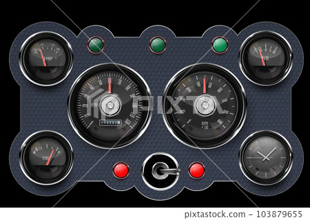 Dashboard of a retro car with arrow indicators. Vintage transport decoration Dashboard of a retro car with arrow indicators. Vintage transport decoration 103879655