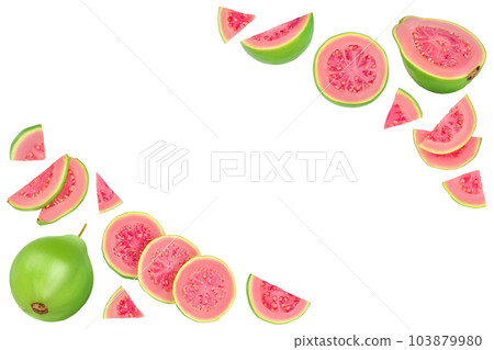 Guava fruit with slices isolated on white background. Top view with copy space for your text. Flat lay Guava fruit with slices isolated on white background. Top view with copy space for your text. Flat lay 103879980