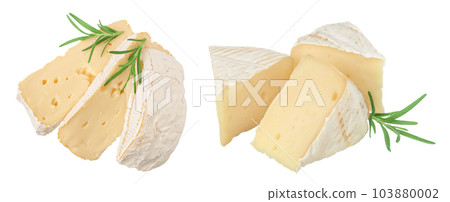 Camembert cheese with rosemary isolated on white background with full depth of field. Top view. Flat lay Camembert cheese with rosemary isolated on white background with full depth of field. Top view. Flat lay 103880002