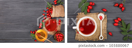 tea with rose hips and honey on a black wooden background with copy space for your text. Top view 103880067