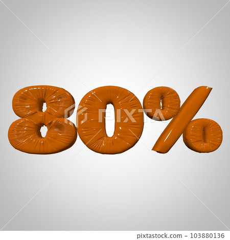 Inflated plastic square illustration of volumetric glossy deformed 3D render of orange 80 percent sign symbol on white gradient background. Balloon metallic. Beautiful volumetric percent sign symbol 103880136