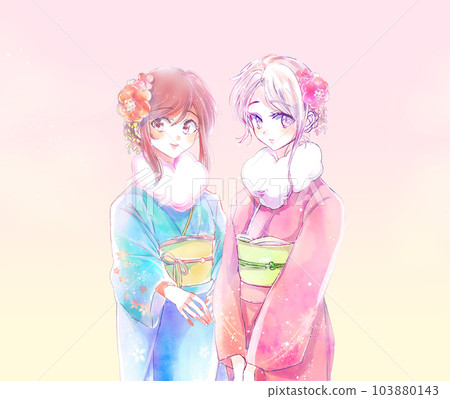 Two women wearing furisode shawls Two women wearing furisode shawls 103880143