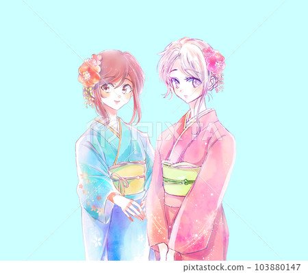Two women wearing furisode Two women wearing furisode 103880147