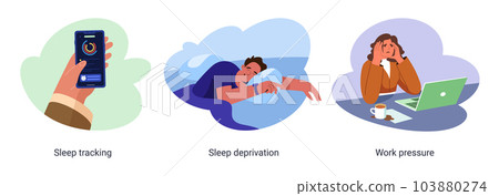 Flat set of sleep tracking and deprivation, work pressure Flat set of sleep tracking and deprivation, work pressure 103880274