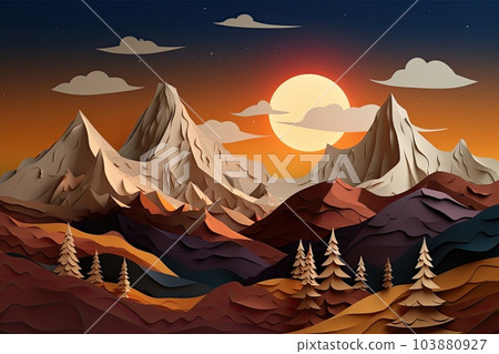 Majestic mountains papercut illustration - Generative AI. 103880927