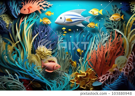 Magical underwater world papercut illustration - Generative AI. 103880948