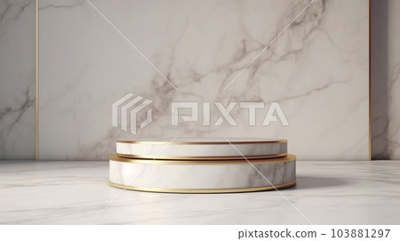 Mock up product stand, gold rimmed white marble cylinder podium backdrop, luxurious showcase, modern and mimimal style background. Generative AI Mock up product stand, gold rimmed white marble cylinder podium backdrop, luxurious showcase, modern and mimimal style background. Generative AI 103881297