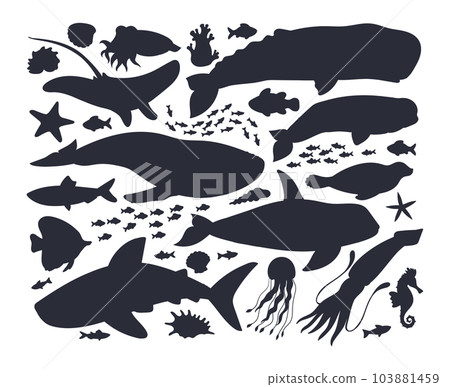 Ocean animals silhouettes. Underwater life fauna, whale, orca and dolphin, sea creatures, seal, stingray and narwhal flat vector illustrations set 103881459