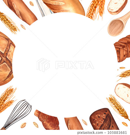 Watercolor bakery frame background. Hand-drawn illustration, isolated on white background. Concept for a bakery or cafe, design: restaurant menu element, recipe cooking book, bread and pastry 103881681