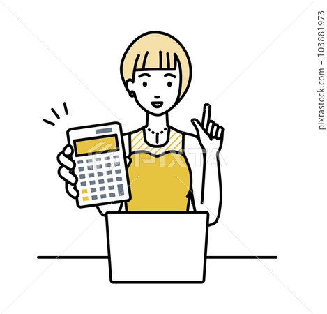 A woman in a dress sitting at her desk, opening her laptop, holding a calculator, and showing it to us 103881973