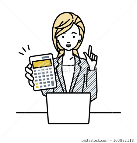 A woman in a suit sitting at her desk, opening her laptop, holding a calculator, and showing it to me 103882118