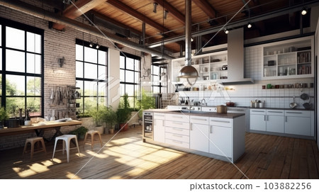 Stylish spacious loft style kitchen with dining area. White fronts, open shelves, kitchen island, wooden dining table with stools, indoor plants, panoramic windows overlooking the garden. 103882256