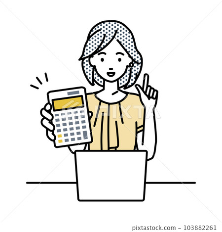 A casual office woman sitting at her desk, opening her laptop, holding a calculator, and showing it to me 103882261