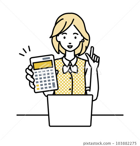 A woman in a clerk uniform sitting at her desk, opening her laptop, holding a calculator, and showing it to me A woman in a clerk uniform sitting at her desk, opening her laptop, holding a calculator, and showing it to me 103882275