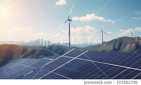 Solar energy panels photovoltaic cells and wind turbines with backdrop of nature landscape, mountains and blue sky. Production of renewable green energy. Sustainable development concept. Solar energy panels photovoltaic cells and wind turbines with backdrop of nature landscape, mountains and blue sky. Production of renewable green energy. Sustainable development concept. 103882296