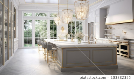 Modern classic luxury white kitchen. Large kitchen island with marble countertops and bar stools, luxurious chandeliers, glazed cabinets, expensive kitchen appliances, panoramic windows. Modern classic luxury white kitchen. Large kitchen island with marble countertops and bar stools, luxurious chandeliers, glazed cabinets, expensive kitchen appliances, panoramic windows. 103882335