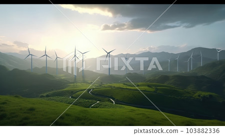Wind turbines on the green hills against the colorful sunset sky. Production of renewable green energy. Sustainable development concept. Mock up, 3D rendering. 103882336