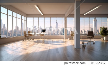 Loft-style open space office with floor-to-ceiling windows and city views. Light concrete walls and wooden floors, large tables, comfortable chairs, desktop computers, plants in floor tubs. 103882337