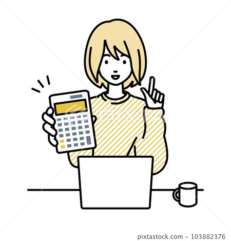 A woman in a sweatshirt sitting at her desk, opening her laptop, holding a calculator, and showing it to me A woman in a sweatshirt sitting at her desk, opening her laptop, holding a calculator, and showing it to me 103882376